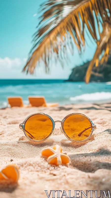 Golden sunglasses resting in sunlit tropical beach sand.