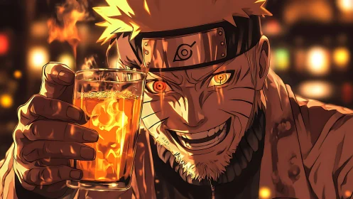 Anime ninja character holds glowing drink in dramatic lighting