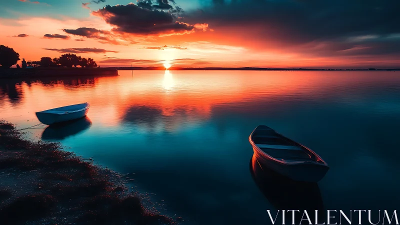 Moored rowboats in vivid cyan and scarlet sunset glow.