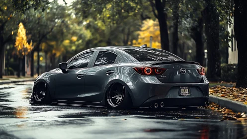 Lowered gray Mazda sedan gleams on a rainy autumn street.