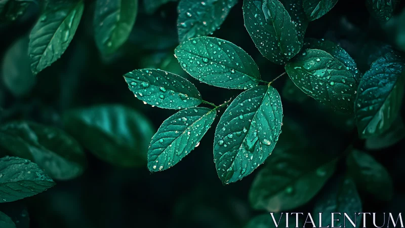 Emerald foliage macro with raindrops in moody low key.