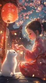 Girl in kimono interacts with white cat under lantern light