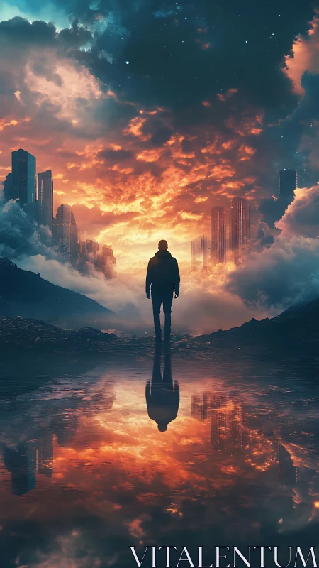 Lone figure faces mirrored sunset sky and sci‑fi cityscape.
