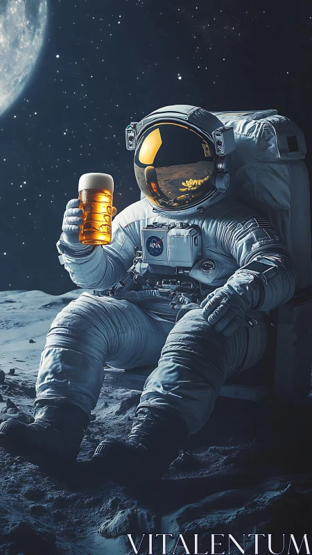 Astronaut in lunar environment holds illuminated drink glass