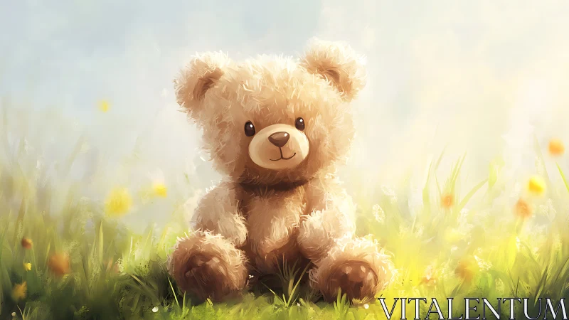 Soft teddy bear sits in sunlit meadow with gentle glow