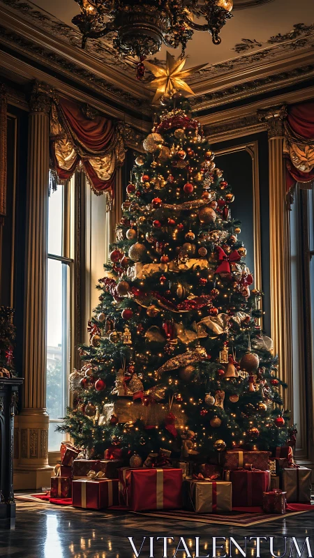 Grand Christmas tree glowing with gifts in an elegant hall.