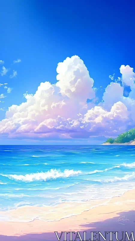 Digital seascape with shoreline, clouds and distant headland.