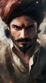 Warrior’s burning gaze carves legend into wind and canvas