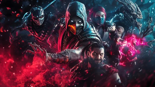 Hooded fighter leads masked warriors in neon red blue chaos