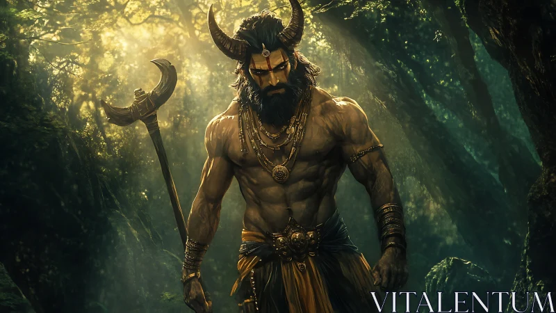 Horned forest warlord emerging through shafts of light.