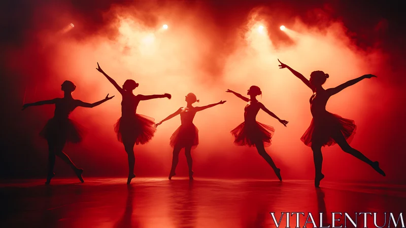 Crimson spotlight ballet silhouettes in synchronized poise.