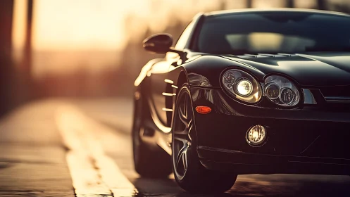 Sleek black sports car glows against a warm sunset street