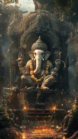 Elephant-headed deity statue in ornate stone shrine setting.