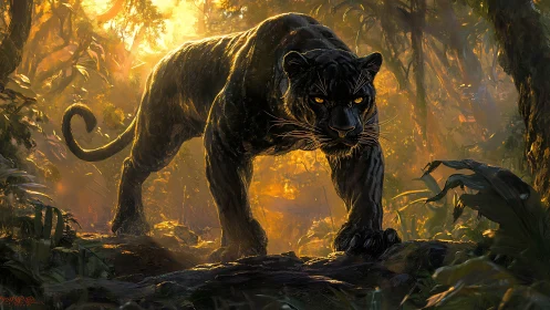 Black Panther Stalks Forest. Golden Sunlight Penetrates Dense Jungle.