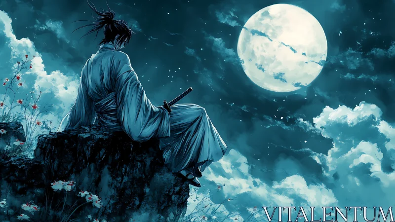 Anime nocturne of solitary samurai under full moon sky.