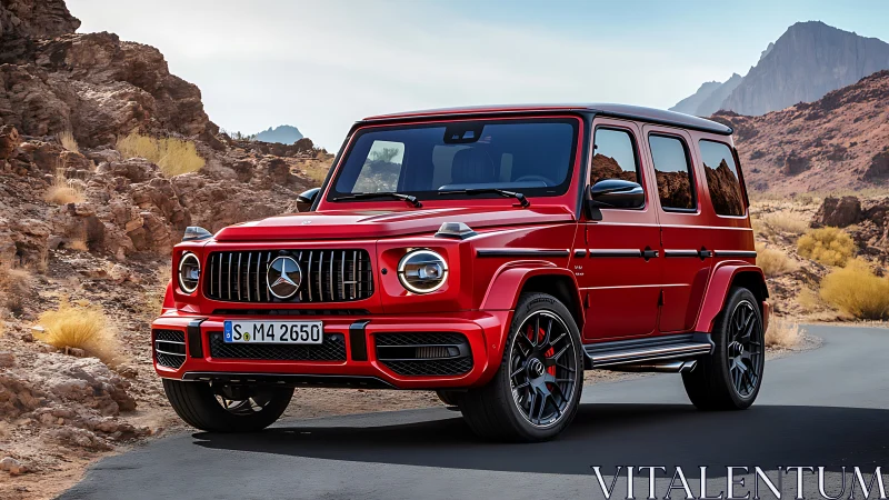 High-performance red SUV with boxy chassis on desert mountain road