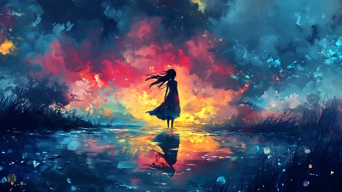 Silhouetted girl before chromatic sky and reflective water.