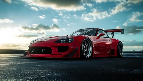 Widebody red sports car rendered on dramatic open highway.