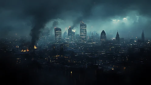 Dark futuristic city skyline under smoke and storm clouds.