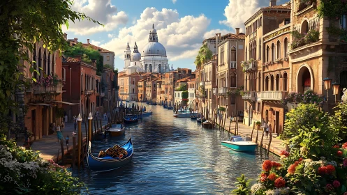 High-fidelity canal cityscape renders volumetric light and detail