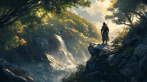 Lone wanderer surveys a sunlit waterfall valley in silence.