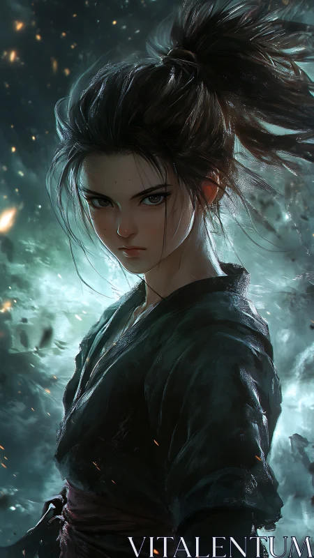 Resolute warrior stands amid swirling embers and mist