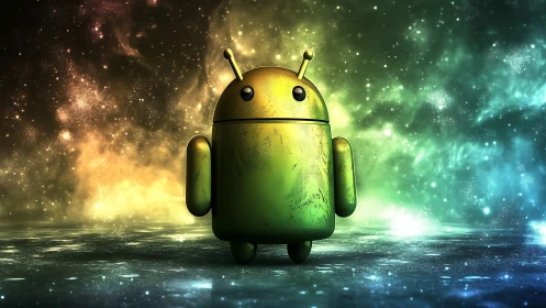 Android robot mascot stands in glowing cosmic nebula.