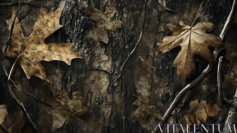 Autumn oak leaves rest against rugged textured bark surface.