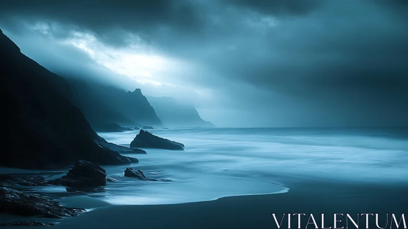 Moody blue coastline invites quiet reflection in soft misty light
