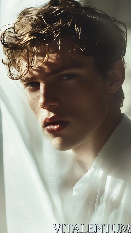 Close male portrait with soft light and sheer white fabric.