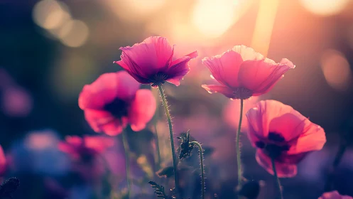 Poppies in sunlight with soft focus bokeh background