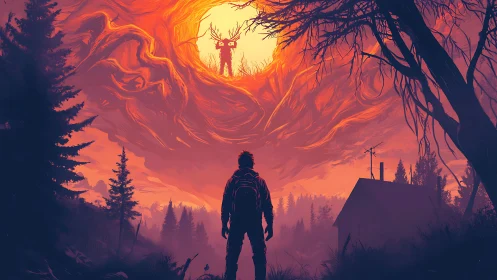 Wanderer Confronts Antlered Sun Spirit Above Burning Sky.