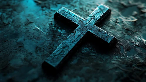 Textured metal cross rests on corroded wet surface under teal light