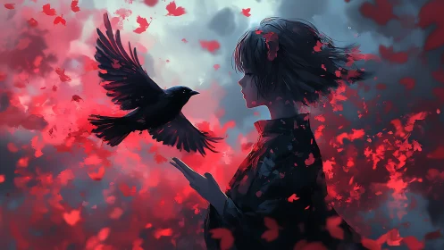 Silhouetted girl and crow intersect amid turbulent red petals