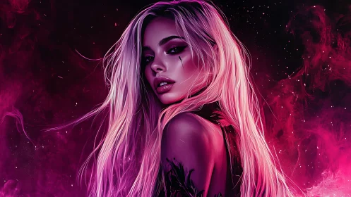 Neon starlight clings to the midnight gaze of a rebel siren