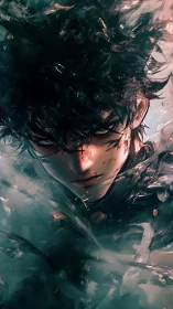 Storm-eyed wanderer emerging from swirling painted shadows.