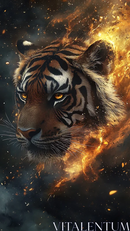 Tiger head emerges from swirling fire and smoke