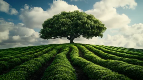 Majestic Oak Tree on Lush Green Field Under Dramatic Sky, Photorealism.