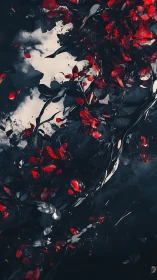 Crimson petals entwine with obsidian fluid forms in motion.