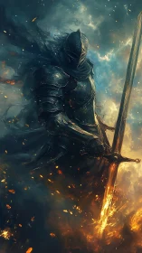 Armored dark knight with flaming sword in swirling embers.