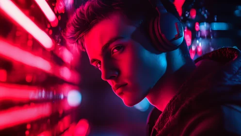 Neon headphones glow around a focused gamer lost in sound