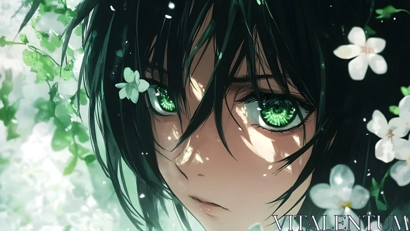 Anime close-up portrait with luminous green eyes and florals.