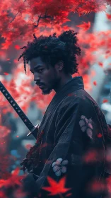 Samurai warrior stands in red maple foliage holding katana