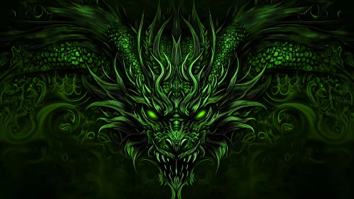Emerald dragon head glows through swirling dark mist