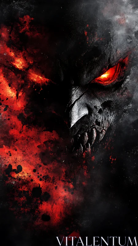 Infernal grin emerges from blood-red embers of darkness.