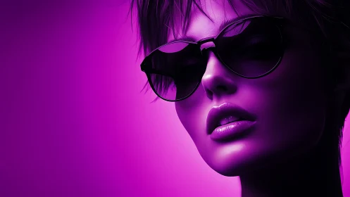 Bold neon portrait of woman in sunglasses on purple backdrop.