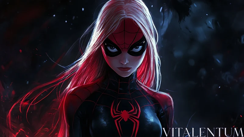 Fierce spider-heroine glowing with bold, electric energy.