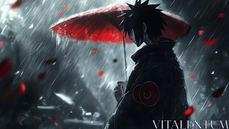 Solemn anime figure walks in rain beneath a crimson umbrella