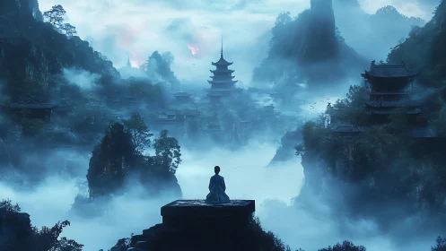 Solitary robed figure contemplates misty mountain temples at dawn.