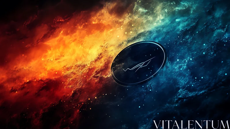 Circular emblem between fiery and icy cosmic fields.